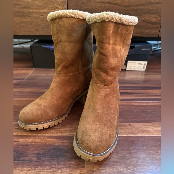 BOUTIQUE Brown Heeled Winter Boots Faux fur Lined Size 10 - Picture 5 of 12